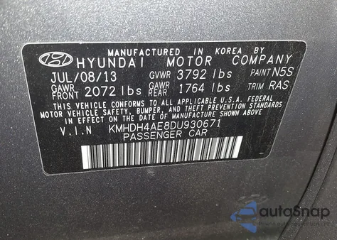 2013 Hyundai Elantra Gls z USA, uszkodzony, nr VIN KMHDH4AE8DU930671